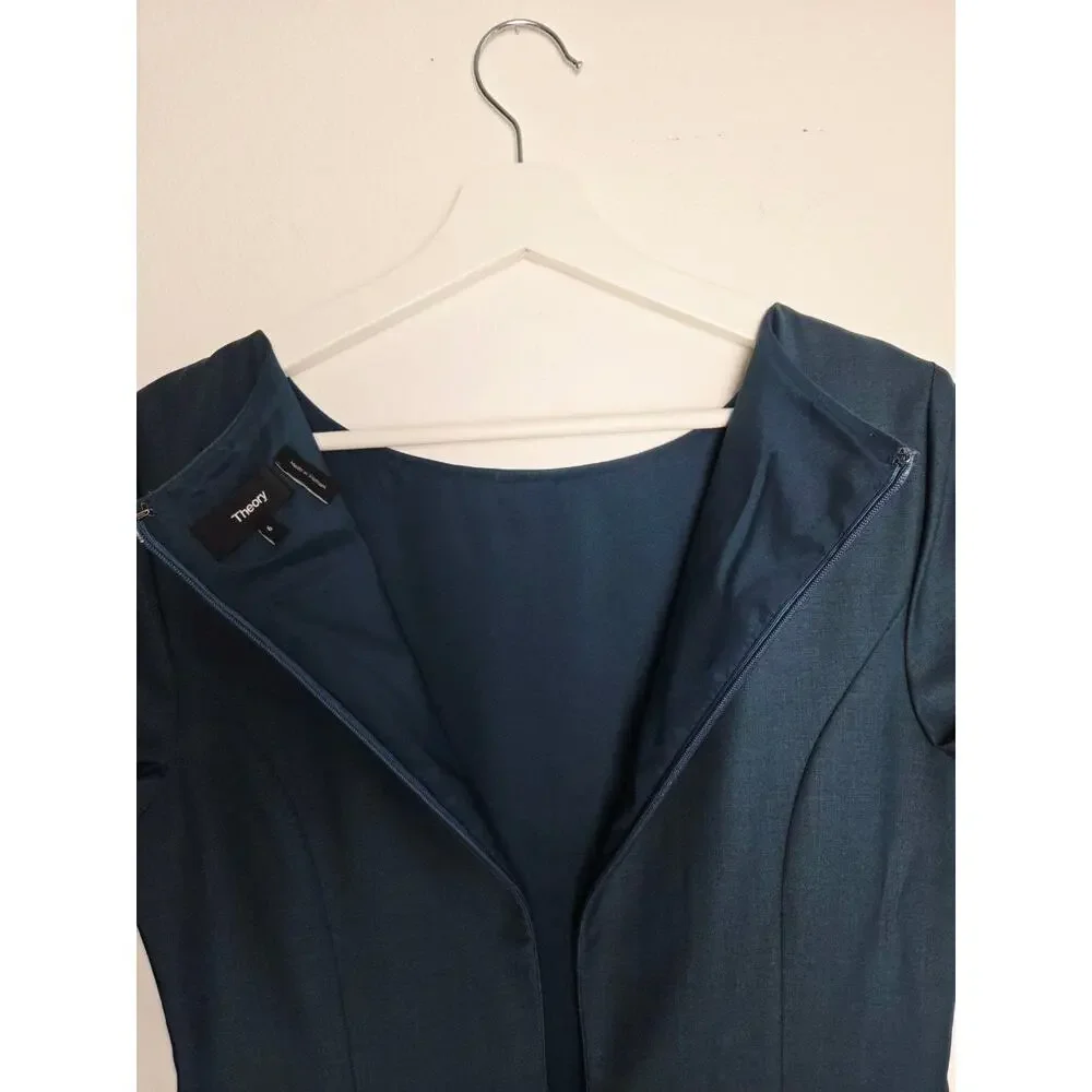 Theory Betty Dress 6 Blue Deep Teal Wool Blend Short Sleeves Sheath Career - Picture 7 of 14